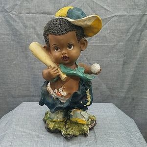 Large Garden Gnome sculpture - black boy baseball gnome